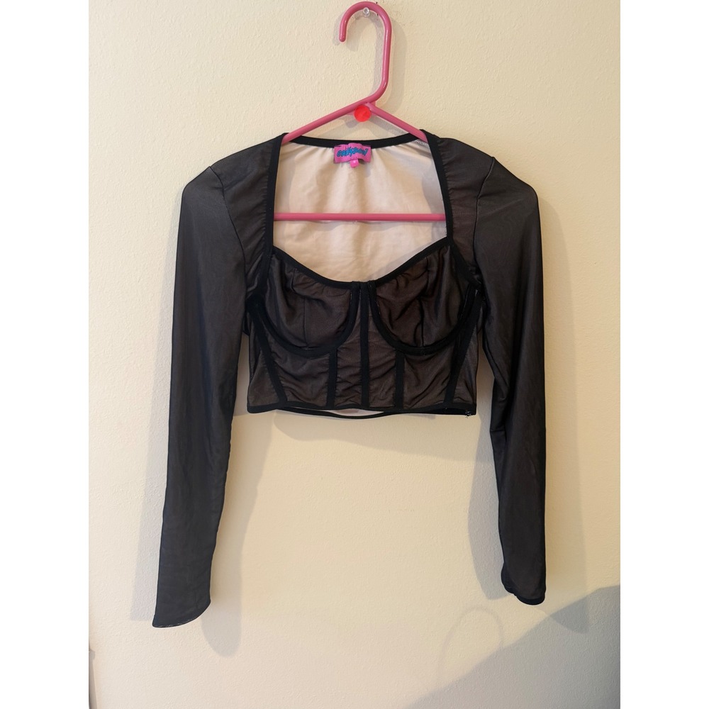 Edikted Black Mesh Corset Crop Top Long Sleeve Bustier Blouse Size M